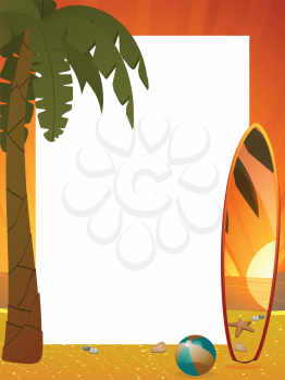 Summer border with surfboard, palm tree and beach ball