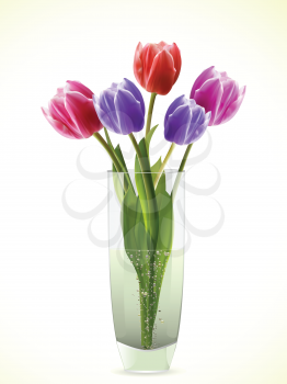 Colourful tulips in a glass vase on a white and yellow background