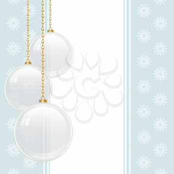 White glass baubles hanging from gold chains on a blue border background with white snowflakes