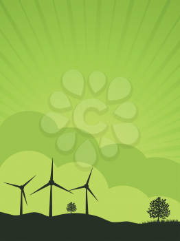 Wind turbine silhouettes on a green background with trees