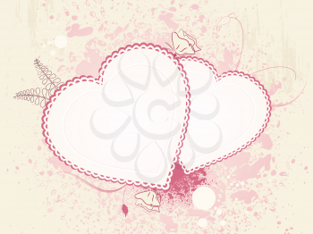 two valentine hearts on a grunge background with flowers and leaves