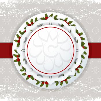 Christmas background with layered holly label an snow flakes