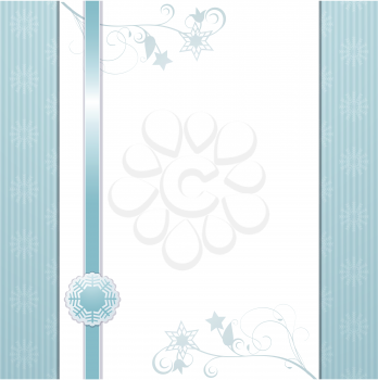 Christmas background with white panel, ribbon and snowflake label on a blue backgroud