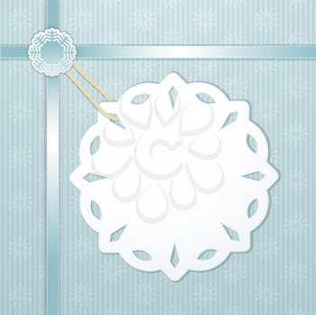 Christmas background with white snowflake label and ribbons