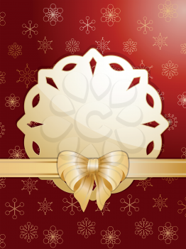 Christmas snowflake gift card on a red background with ribbon and bow