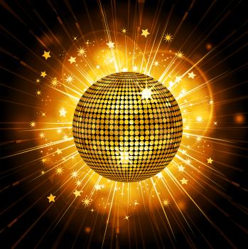 Glowing disco ball on a light burst background