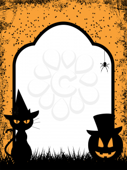 Halloween background with black cat, pumpkin and tomb stone