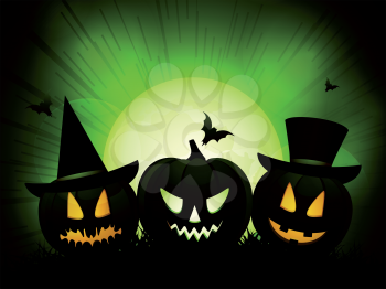black,halloween pumpkins and full moon on green background