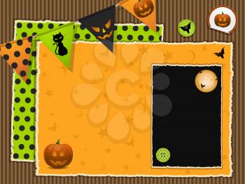 Halloween scrapbook background on corrugated cardboard with bunting, pumpkin bats and black cat