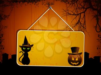 Halloween sign with black cat and pumpkin on a wooden background
