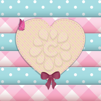 Heart label with butterly and ribbon on a scrap book style background