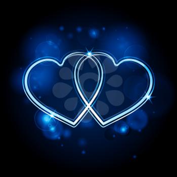 neon valentine hearts on a blue glowing background