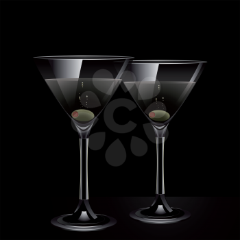 Martini cocktail background with olives on black
