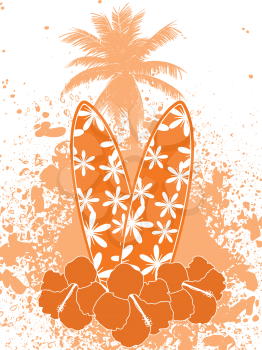 tropical background with surfboards, hibiscus flowers, palm tree and grunge on a white background