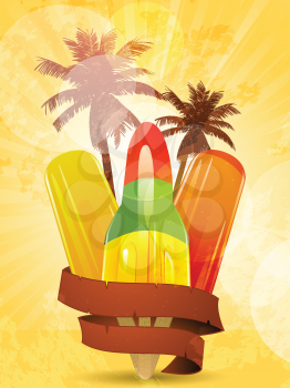 ice lollies and banner on a tropical, summer palm tree background