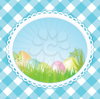 Easter eggs in a decorative border on a blue gingham background