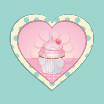 Cupcake with Pink Icing in a Heart with Blue Polka Dots on a Blue Background