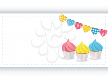 cupcakes with pink, yellow and blue icing on white background with bunting