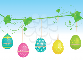 Easter background with decorated eggs hanging from a green vine against a blue sky