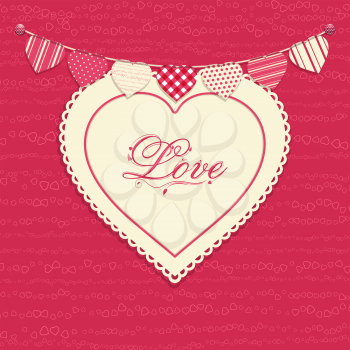 Valentine background with love heart on pink with 'love' message and bunting