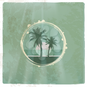Tropical Palm Trees and Seascape on a Distressed Retro Bakground