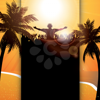 Festival Panel Background with DJ and Crowd against a Tropical Setting with Palm Trees