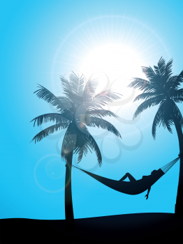 Summer Tropical Background with Woman Sunbathing in a Hammock hung between two Palm Trees