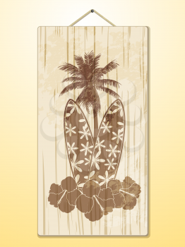 Wooden sign with surfboards, palm trees and hibiscus flowers