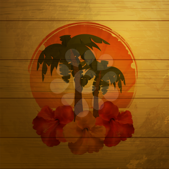 Tropical Palm Trees and Hisbiscus Flower Border on Distressed Wooden Panel Background 