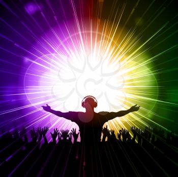 Royalty Free Clipart Image of a DJ and Crowd on a Glowing Background