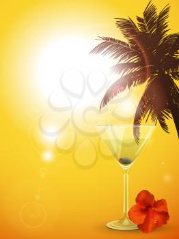 Martini Cocktail on a Tropical Background with Palm Tree and Hibiscus Flower 