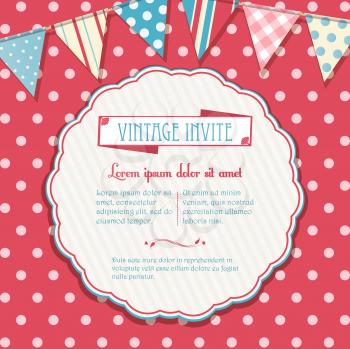 Circular Invite Vector on a Pink Polka Dot Background with Bunting