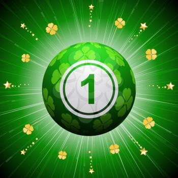 Bingo Ball with Green Four Leaf Clover Design on a green background with Gold Shamrocks and Stars
