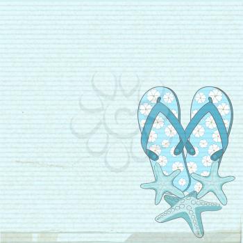 Flipflops and starfish on a blue texture background