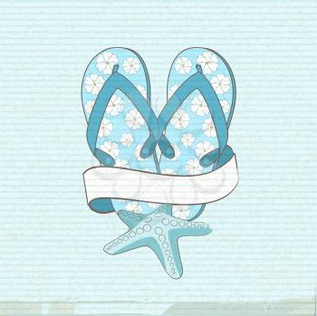 Flip flops with starfish and banner on a blue striped texture background