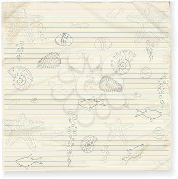 Starfish, shell, pebble and bubble doodles on crumpled lined paper