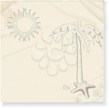 Tropical doodle sketch of palm tree star fish and sun on crumpled paper