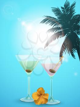Cocktails on a tropical Blue Sky Background with Palm Tree and Hibiscus Flower