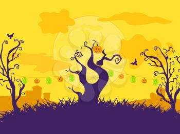 Halloween Cartoon Vector Background with Curly Trees, Lanterns and Grave yard