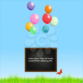 Blackboard with Sample Text and Balloons on a Blue Sky Background