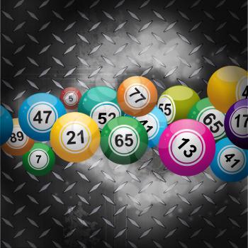 Bingo Balls Flying over a Glowing Metallic Diamond Plate Background