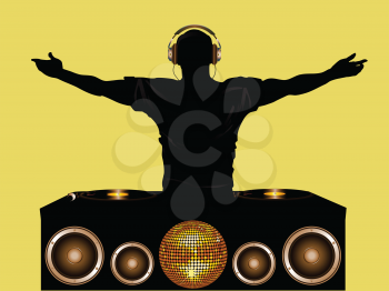 DJ with Record Deck and Speakers Disco Ball and Headphones