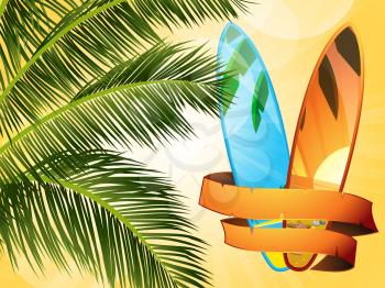 Summer Tropical Landscape Background with Surfboard Palm and Banner