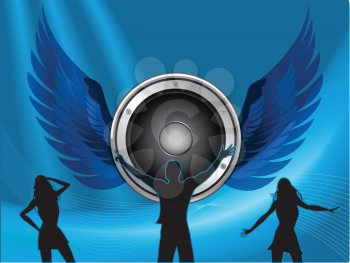 Silhouettes Dancing on a Blue Background with Big Speaker and Wings