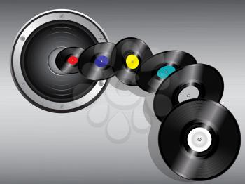 Vinyl Records Flying out from a Speaker on a Brushed Metallic Background