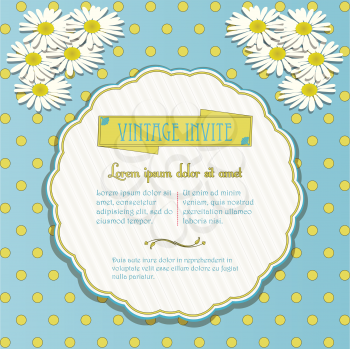 Vintage Invite with Chamomile Flowers on Polka Dot Background