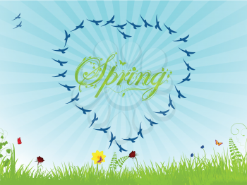 Spring Background with Birds forming an Heart and Butterfly