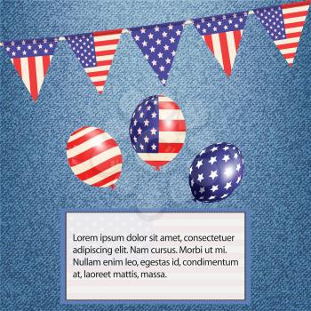 American Bunting Balloons and Flag with Sample Text on Denim Background