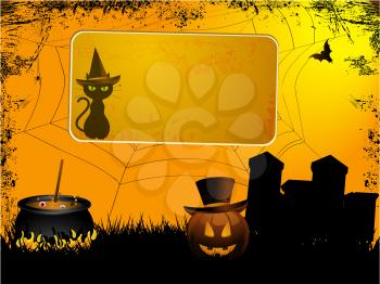 Halloween Landscape Spooky Background with Sign and Cat with Hat