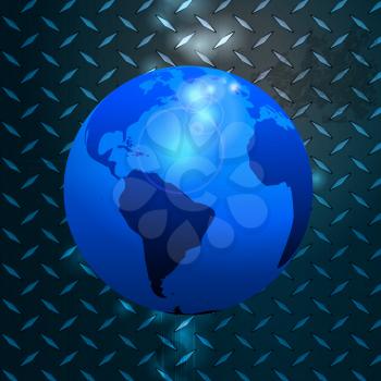 World Globe Over Glowing Blue Metallic Diamond Plate